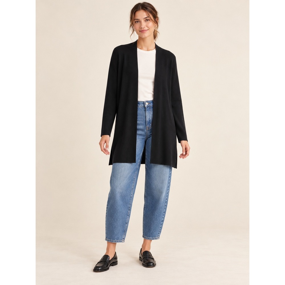Eileen Fisher Black Superfine Merino Wool Open Front Long Cardigan Size M